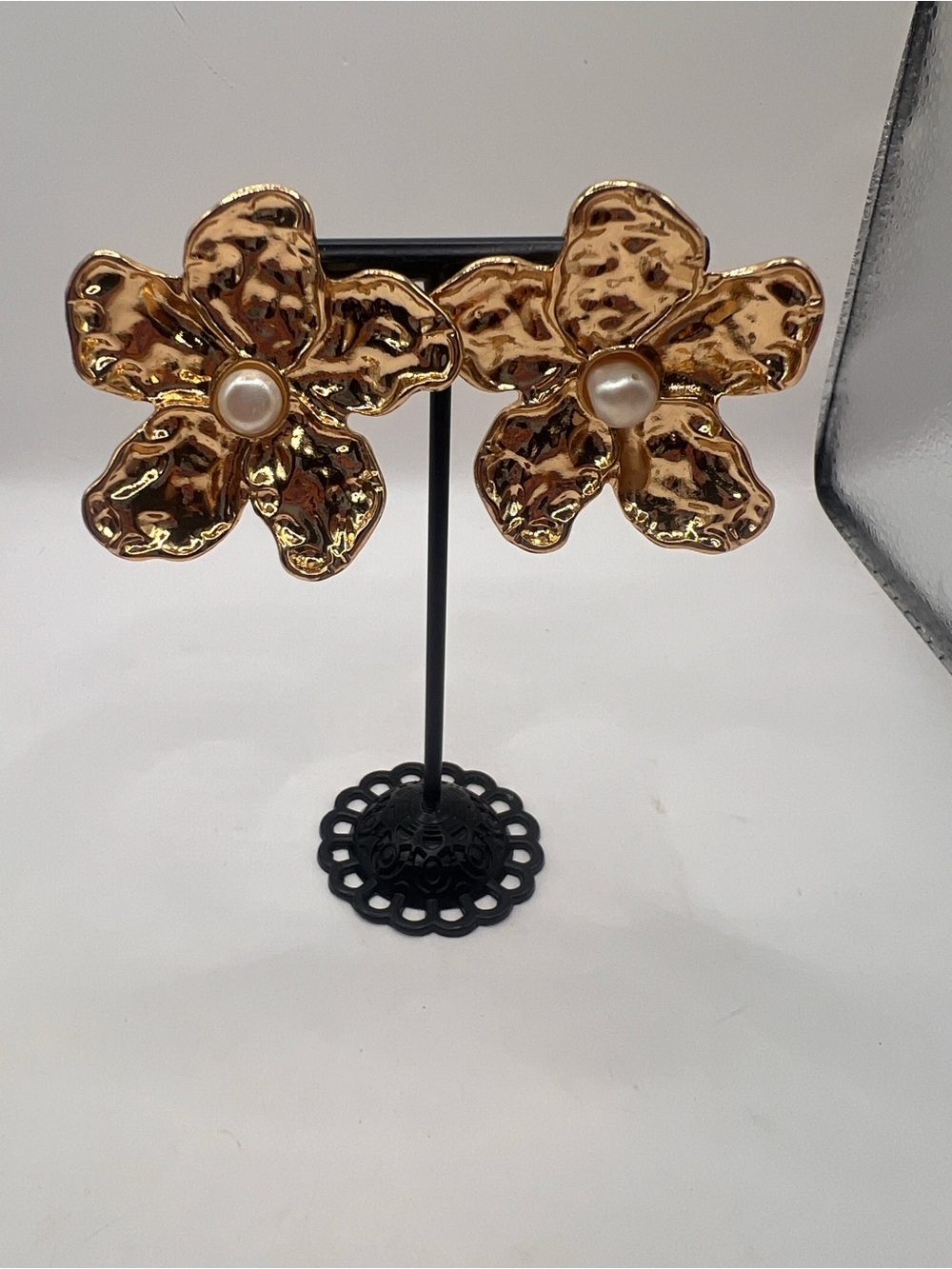 Gold Floral Pearl Center Statement Pierced Earrings